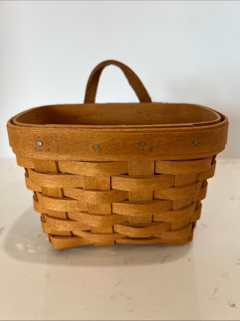 Longaberger 1993 Handwoven Mini Basket with Leather Hanger Wall Basket USA